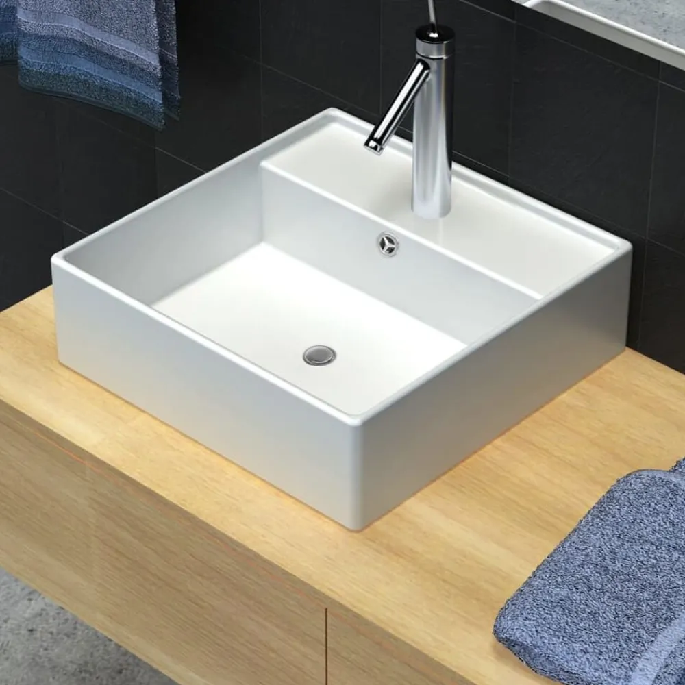 vidaXL Luxueuse vasque céramique carrée avec trop plein 41 x 41 cm