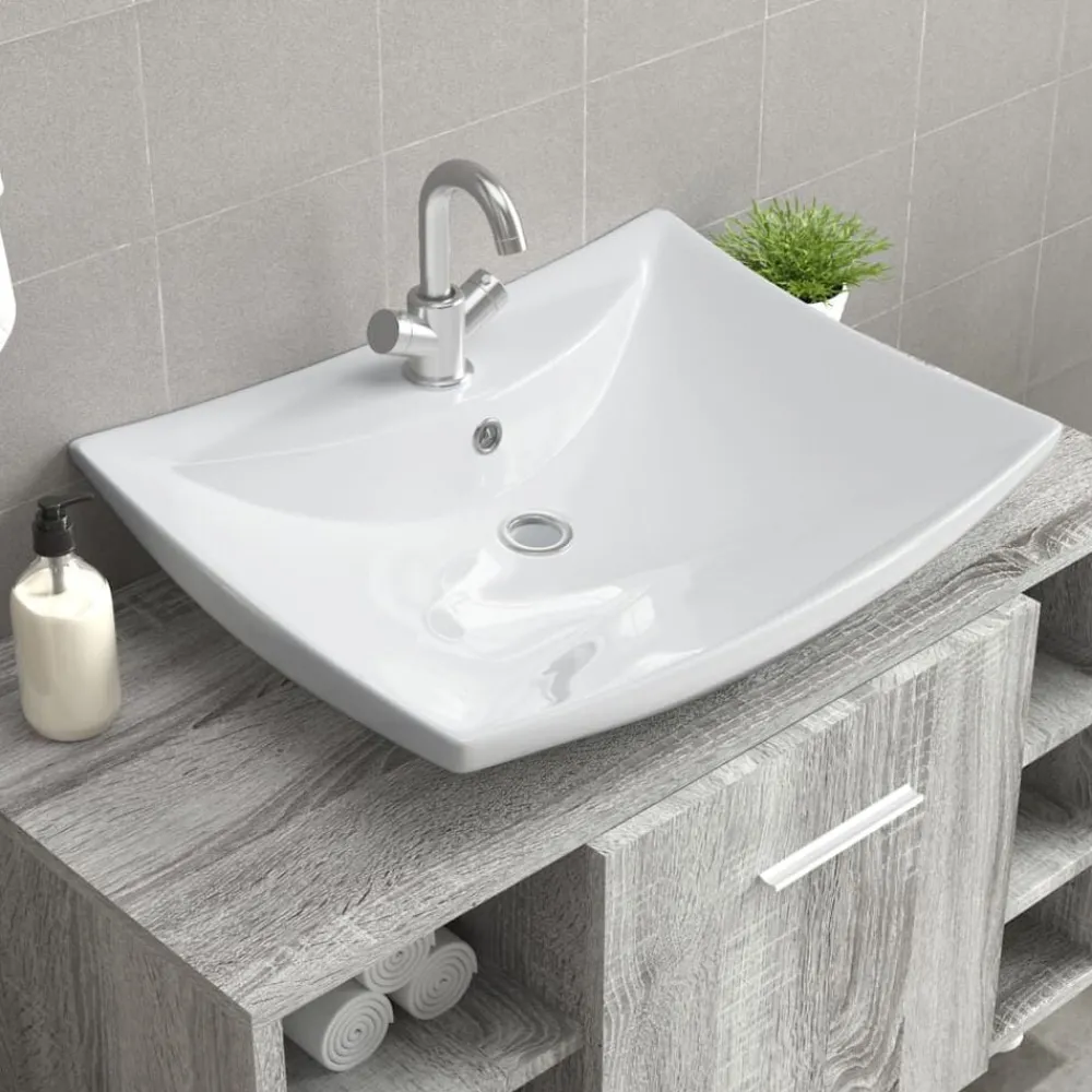 Plomberie-vidaXL Luxueuse vasque céramique rectangulaire avec trop plein Blanc