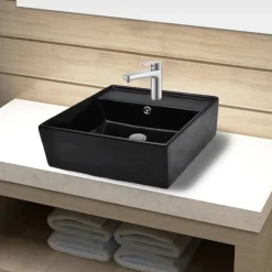 vidaXL Robinet de lavabo salle de bain céramique/trou trop-plein carré