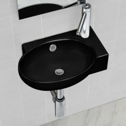 Plomberie-vidaXL Vasque à trou de trop-plein/robinet céramique pour salle de bain Noir