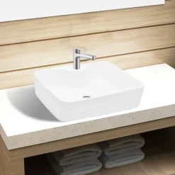 Plomberie-vidaXL Vasque carré à trou pour robinet céramique pour salle de bain Blanc