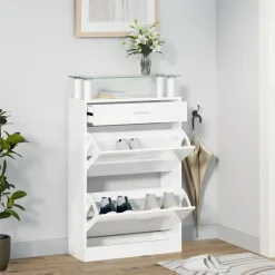 Produits Ménagers-vidaXL Armoire à chaussure 63x24x104 cm Bois ingénierie Blanc brillant