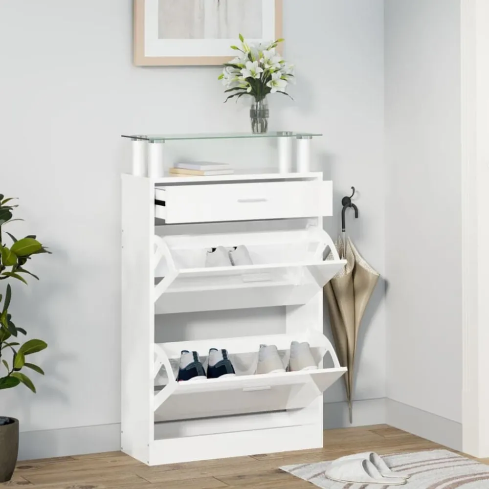 Produits Ménagers-vidaXL Armoire à chaussure 63x24x104 cm Bois ingénierie Blanc brillant