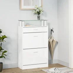 Produits Ménagers-vidaXL Armoire à chaussure 63x24x104 cm Bois ingénierie Blanc brillant