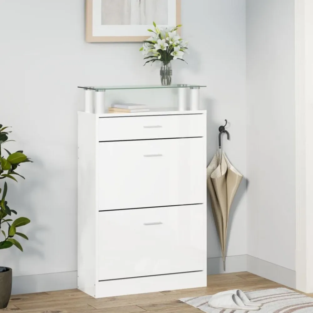 Produits Ménagers-vidaXL Armoire à chaussure 63x24x104 cm Bois ingénierie Blanc brillant