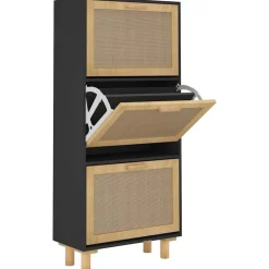 Produits Ménagers-vidaXL Armoire à chaussures 52x25x115 cm Bois d'ingénierie/rotin Noir