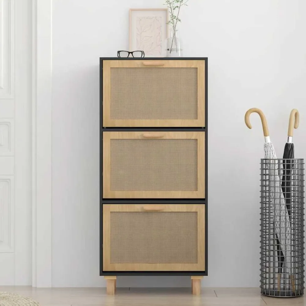Produits Ménagers-vidaXL Armoire à chaussures 52x25x115 cm Bois d'ingénierie/rotin Noir