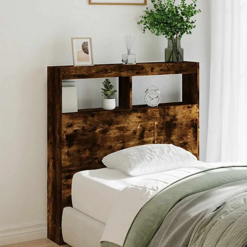 Lits & Accessoires-vidaXL Armoire tête de lit avec LED chêne fumé 100x17x102 cm Chêne fumé