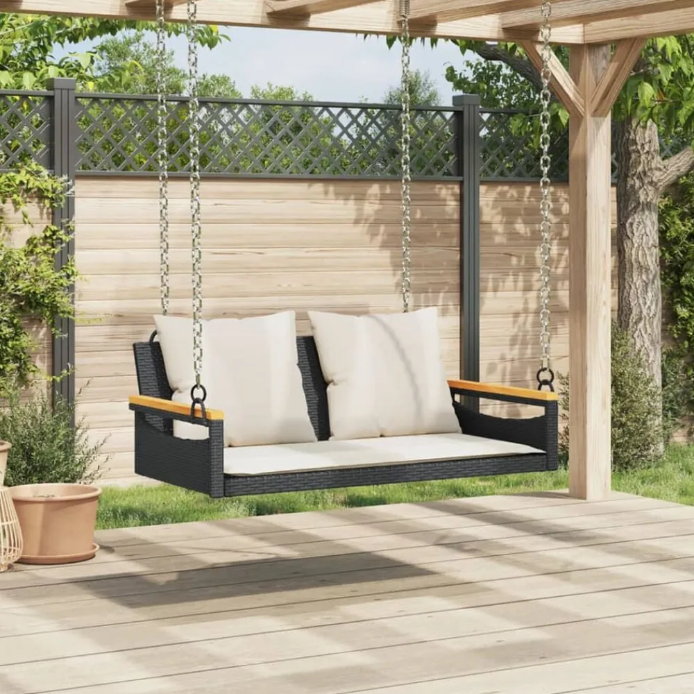 Mobilier De Jardin-vidaXL Balancelle avec coussins noir 109x62x40 cm résine tressée Noir et blanc crème