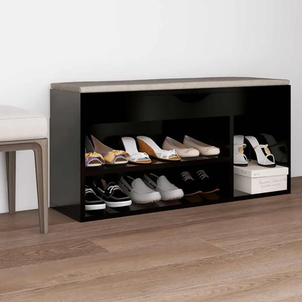 Produits Ménagers-vidaXL Banc à chaussures et coussin 104x30x49cm Bois d'ingénierie Noir