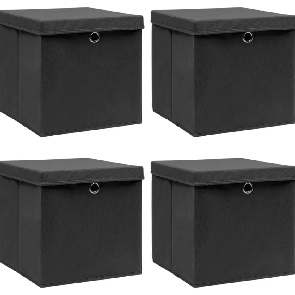 Produits Ménagers-vidaXL Boîtes de rangement avec couvercle 4 pcs Noir 32x32x32 cm Tissu Noir avec couvercles