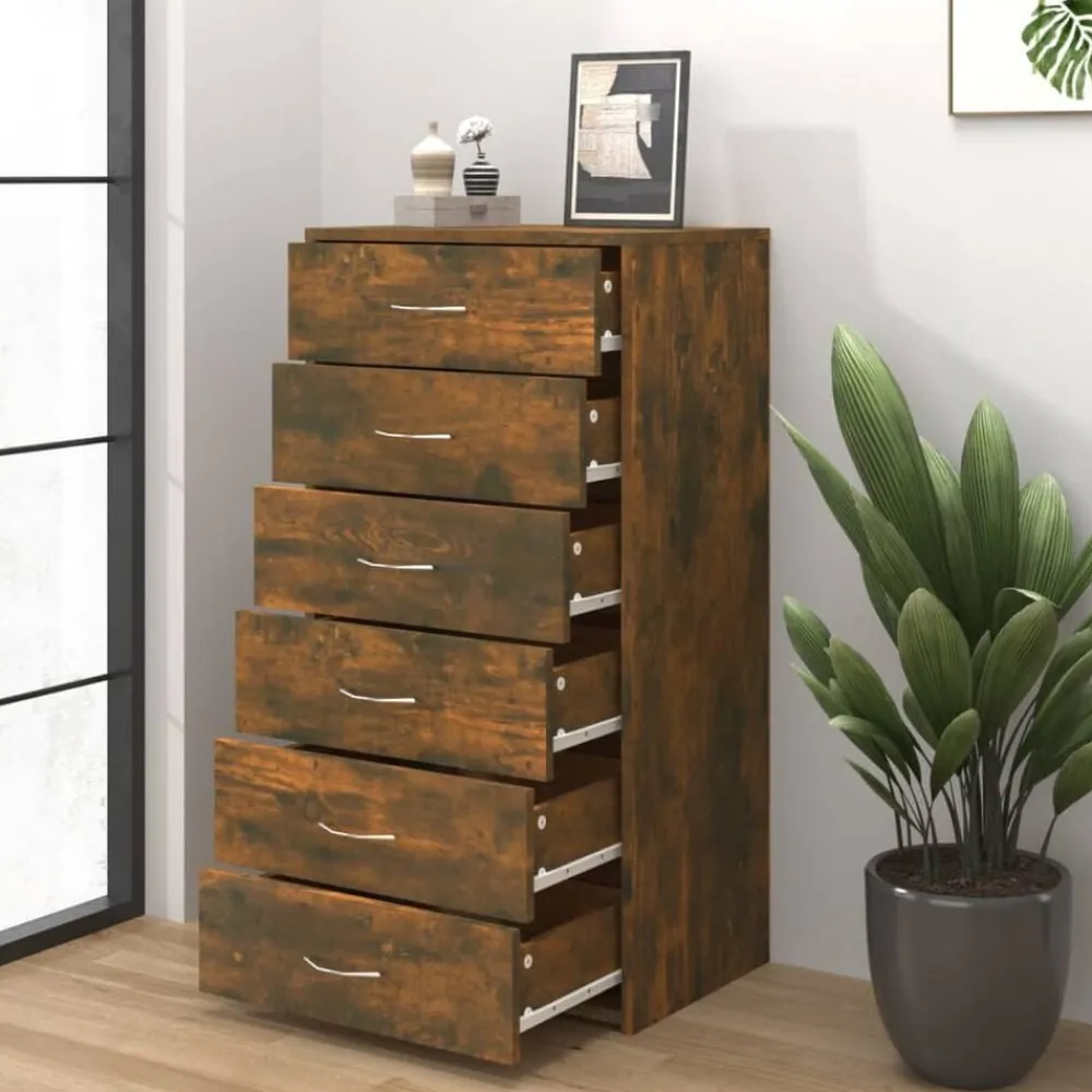 vidaXL Buffet avec 6 tiroirs Chêne fumé 50x34x96 cm Bois d'ingénierie
