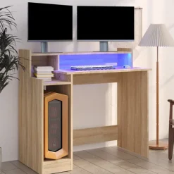 Meubles De Bureau-vidaXL Bureau avec lumières LED Chêne 97x45x90 cm Bois d'ingénierie Ch&ecirc;ne sonoma