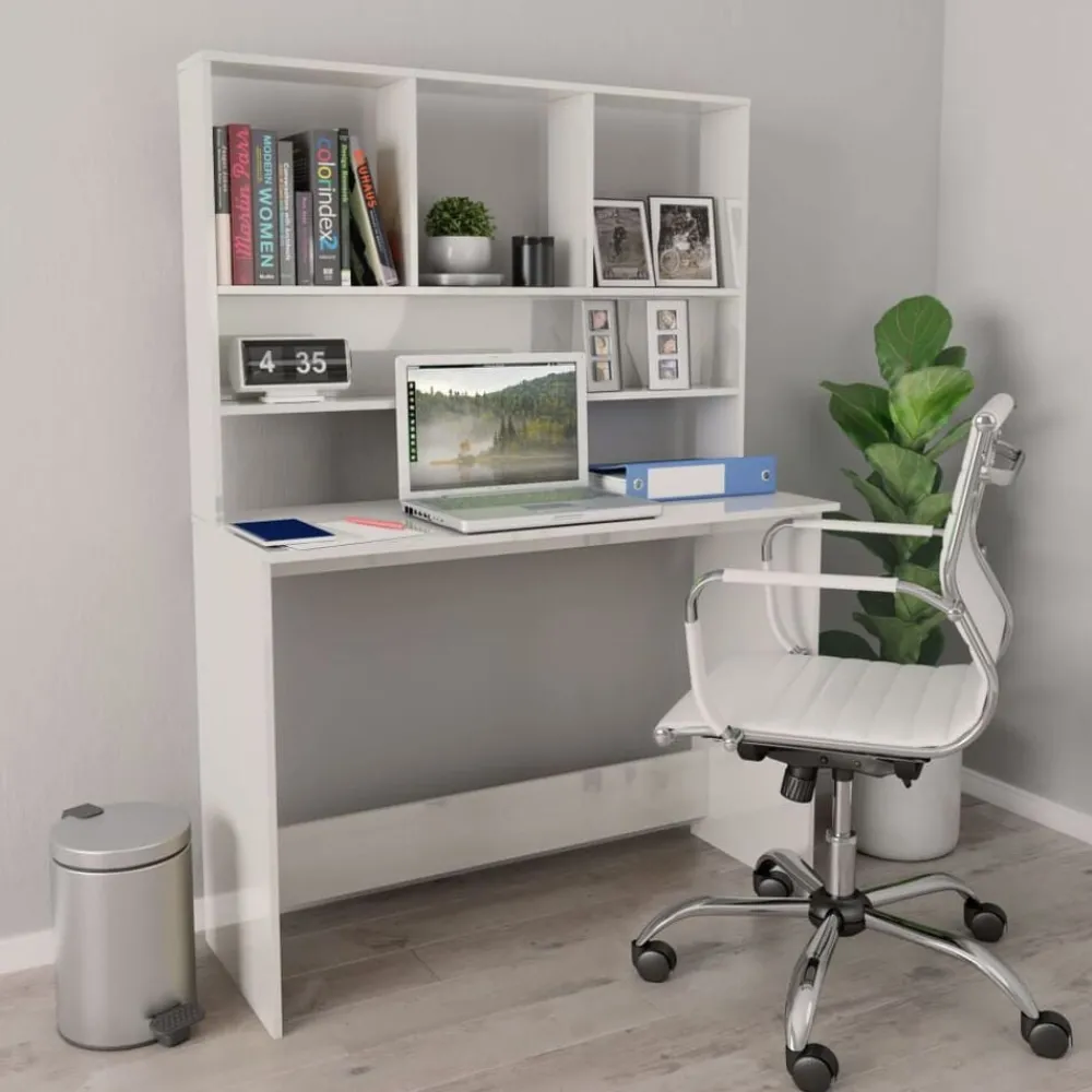 Meubles De Bureau-vidaXL Bureau avec étagères 110 x 45 x 157 cm Aggloméré Blanc brillant