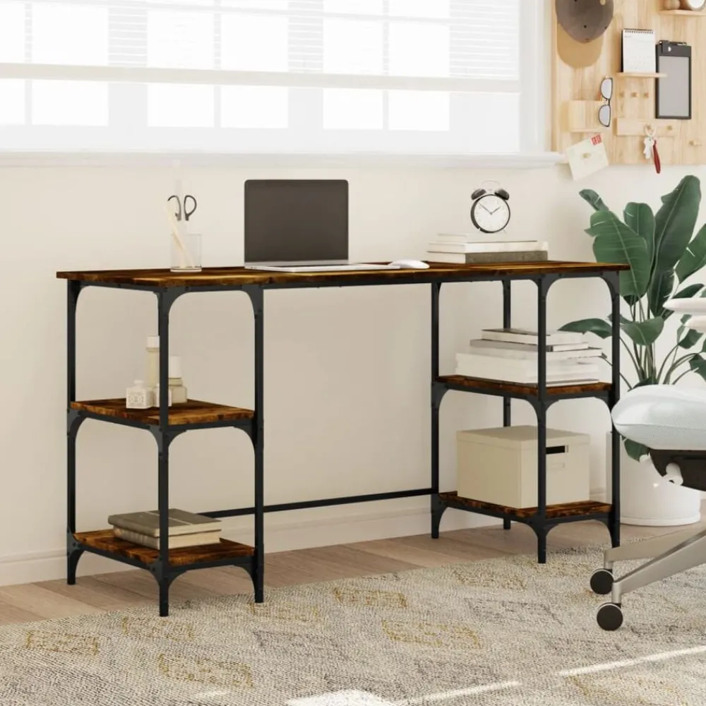 Meubles De Bureau-vidaXL Bureau chêne fumé 140x50x75 cm métal et bois d'ingénierie Chêne fumé