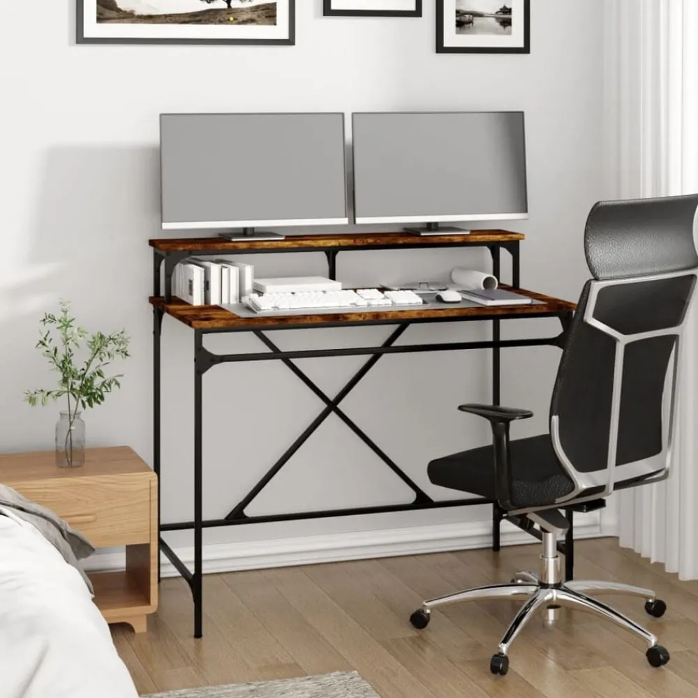 Meubles De Bureau-vidaXL Bureau chêne fumé 100x50x90 cm bois d'ingénierie et fer Chêne fumé