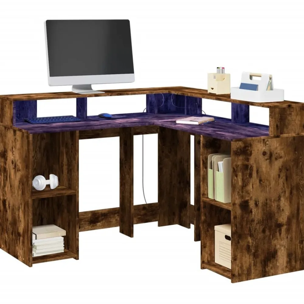 Meubles De Bureau-vidaXL Bureau et lumières LED chêne fumé 130x130x91cm bois ingénierie Chêne fumé