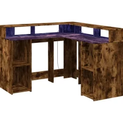 Meubles De Bureau-vidaXL Bureau et lumières LED chêne fumé 130x130x91cm bois ingénierie Chêne fumé