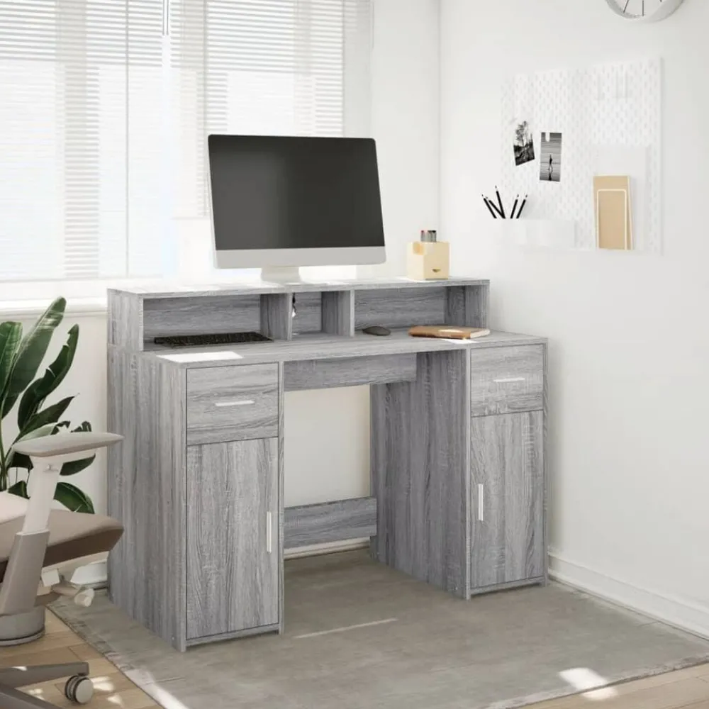 Meubles De Bureau-vidaXL Bureau et lumières LED 120x55x91cm bois ingénierie Sonoma gris