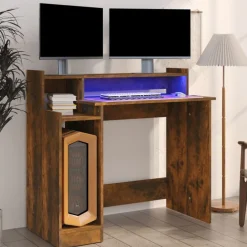 vidaXL Bureau et lumières LED Chêne fumé 97x45x90 cm Bois d'ingénierie