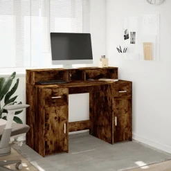 vidaXL Bureau et lumières LED chêne fumé 120x55x91cm bois d'ingénierie