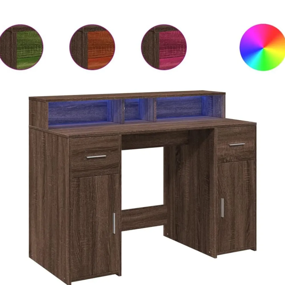 Meubles De Bureau-vidaXL Bureau et lumières LED chêne marron bois d'ingénierie Chêne marron