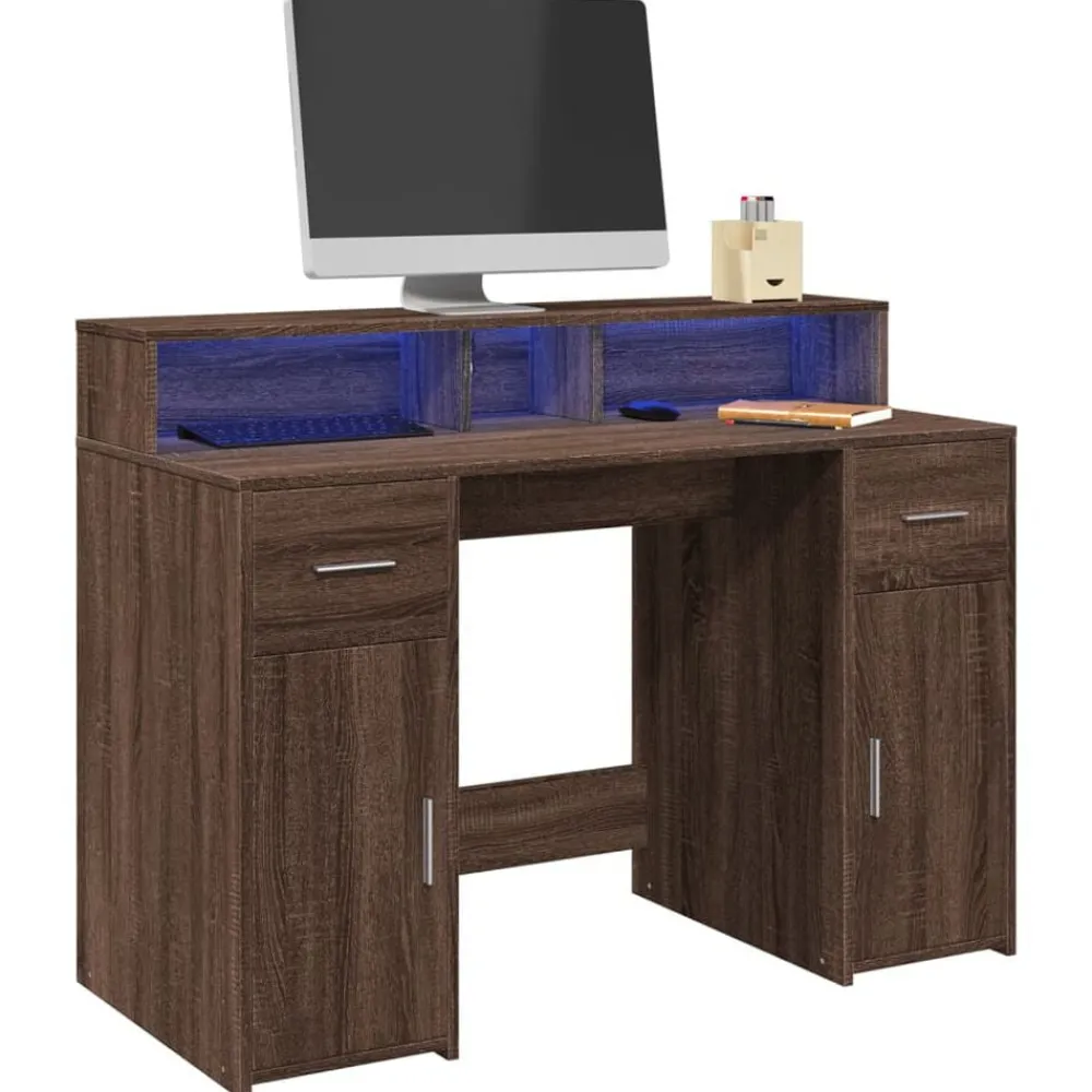 Meubles De Bureau-vidaXL Bureau et lumières LED chêne marron bois d'ingénierie Chêne marron