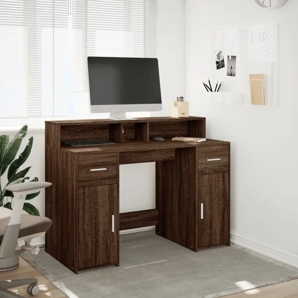 Meubles De Bureau-vidaXL Bureau et lumières LED chêne marron bois d'ingénierie Chêne marron