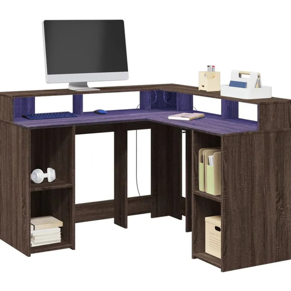 vidaXL Bureau et lumières LED chêne marron bois d'ingénierie