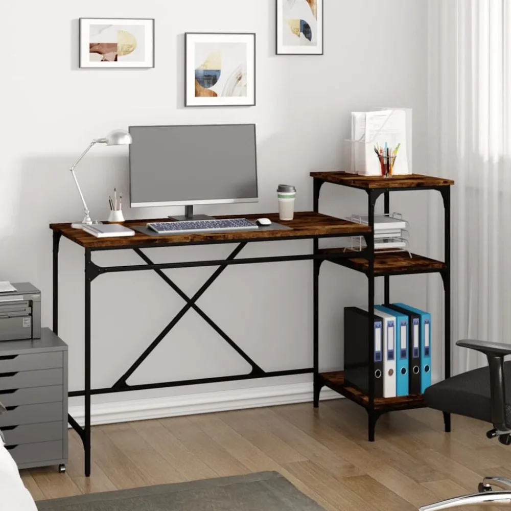 vidaXL Bureau et étagères chêne fumé 135x50x90cm bois d'ingénierie/fer