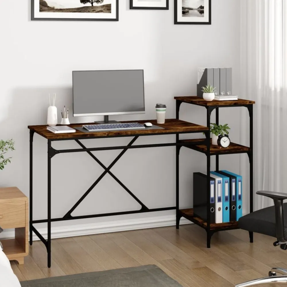vidaXL Bureau et étagères chêne fumé 135x50x90cm bois d'ingénierie/fer