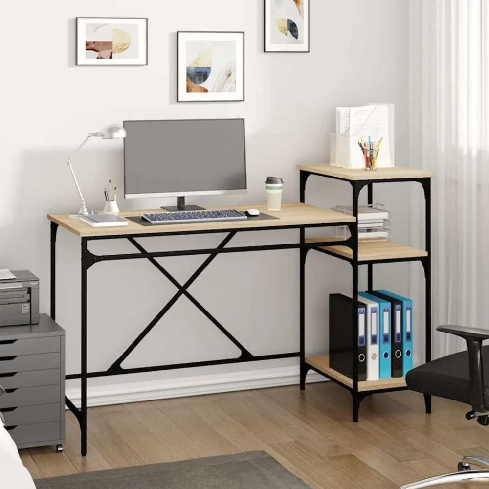 vidaXL Bureau et étagères chêne sonoma 135x50x90cm bois ingénierie/fer