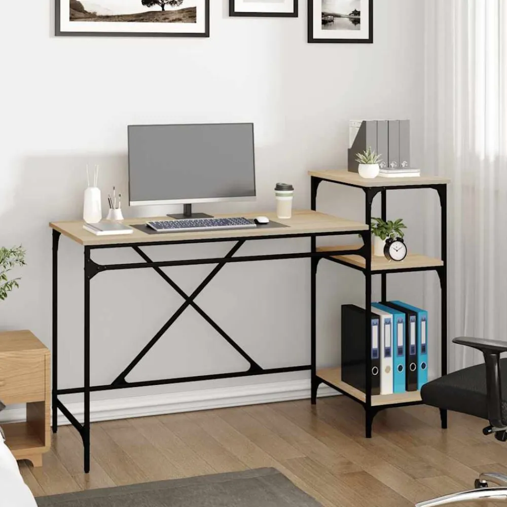 vidaXL Bureau et étagères chêne sonoma 135x50x90cm bois ingénierie/fer