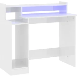 Meubles De Bureau-vidaXL Bureau lumières LED 97x45x90cm Bois d'ingénierie Blanc brillant