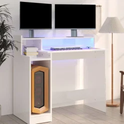 Meubles De Bureau-vidaXL Bureau lumières LED 97x45x90cm Bois d'ingénierie Blanc brillant
