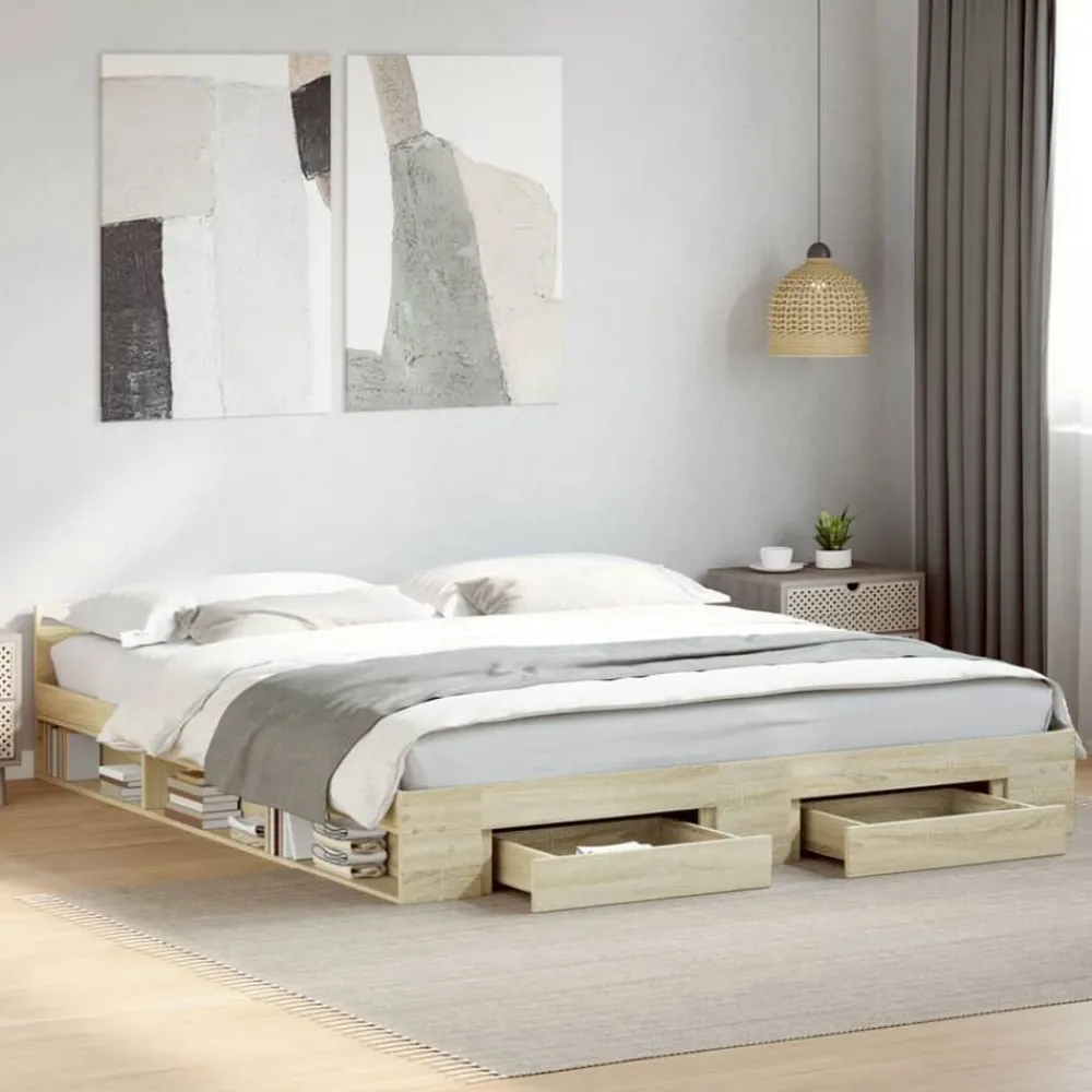Lits & Accessoires-vidaXL Cadre de lit avec tiroirs sans matelas chêne sonoma 180x200 cm Chêne sonoma