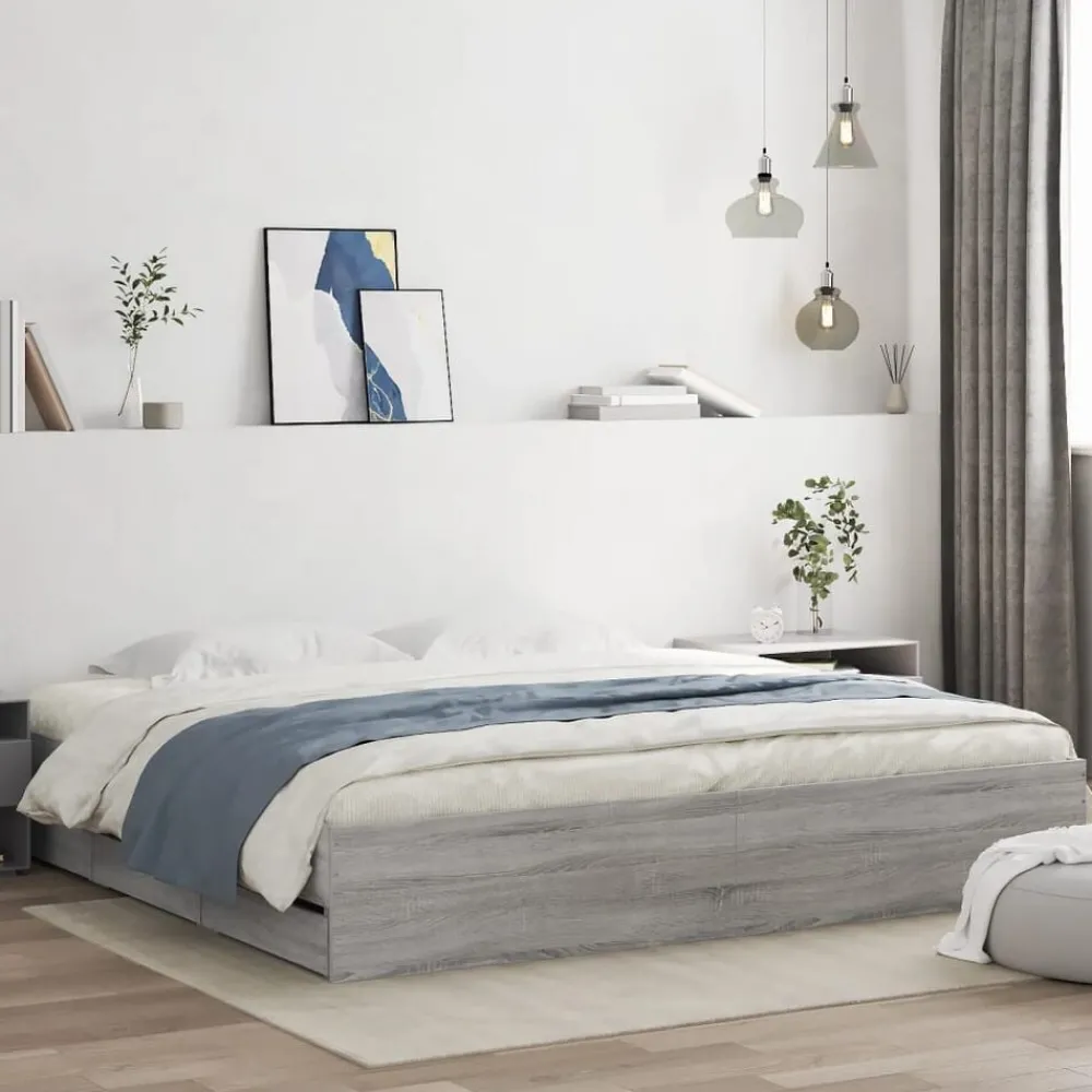 Lits & Accessoires-vidaXL Cadre de lit avec tiroirs sans matelas 200x200 cm Sonoma gris