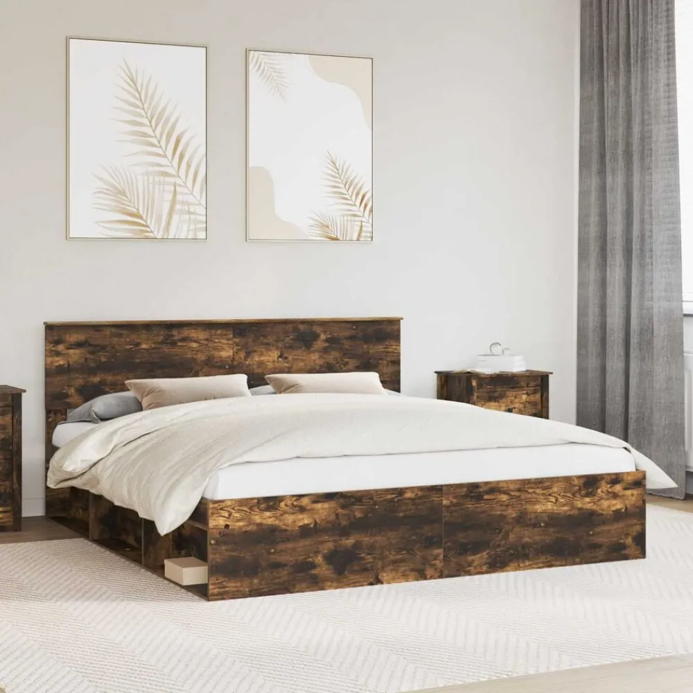 vidaXL Cadre de lit Chêne fumé 200 x 200 cm Bois d'ingénierie