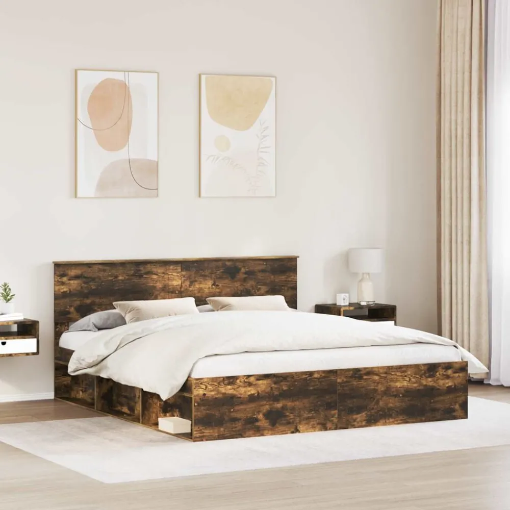 vidaXL Cadre de lit Chêne fumé 200 x 200 cm Bois d'ingénierie