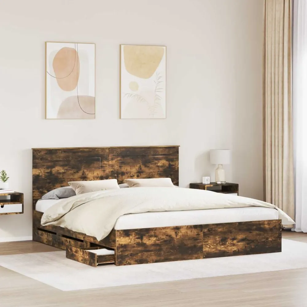 vidaXL Cadre de lit Chêne fumé 200 x 200 cm Bois Ingénierie