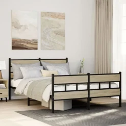 Lits & Accessoires-vidaXL Cadre de lit en métal sans matelas chêne sonoma 150x200 cm Ch&ecirc;ne sonoma