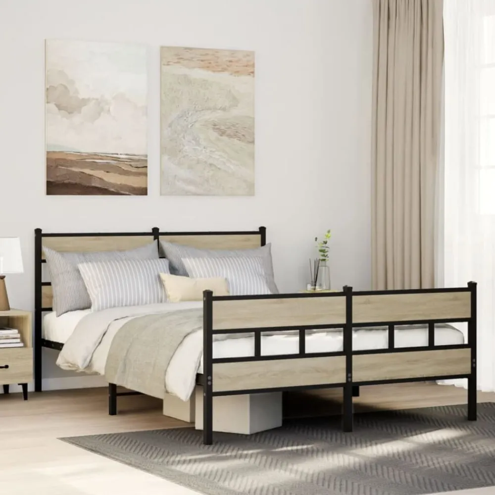 Lits & Accessoires-vidaXL Cadre de lit en métal sans matelas chêne sonoma 150x200 cm Chêne sonoma