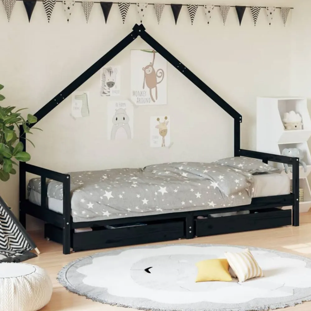 Mobilier Pour Bébés & Tout-Petits-vidaXL Cadre de lit enfant tiroirs 80x200 cm bois de pin massif Noir