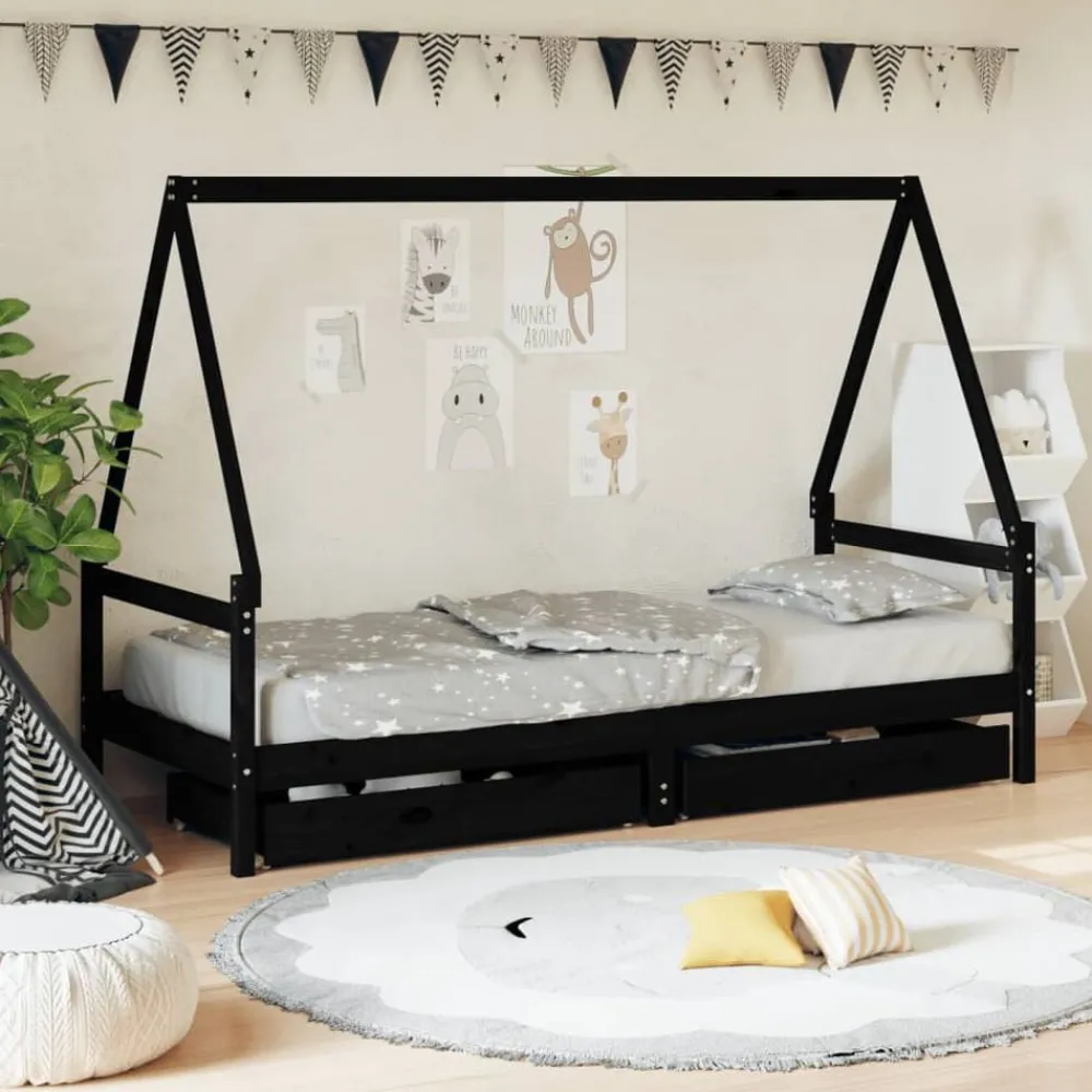 Mobilier Pour Bébés & Tout-Petits-vidaXL Cadre de lit enfant tiroirs 80x200 cm bois de pin massif Noir