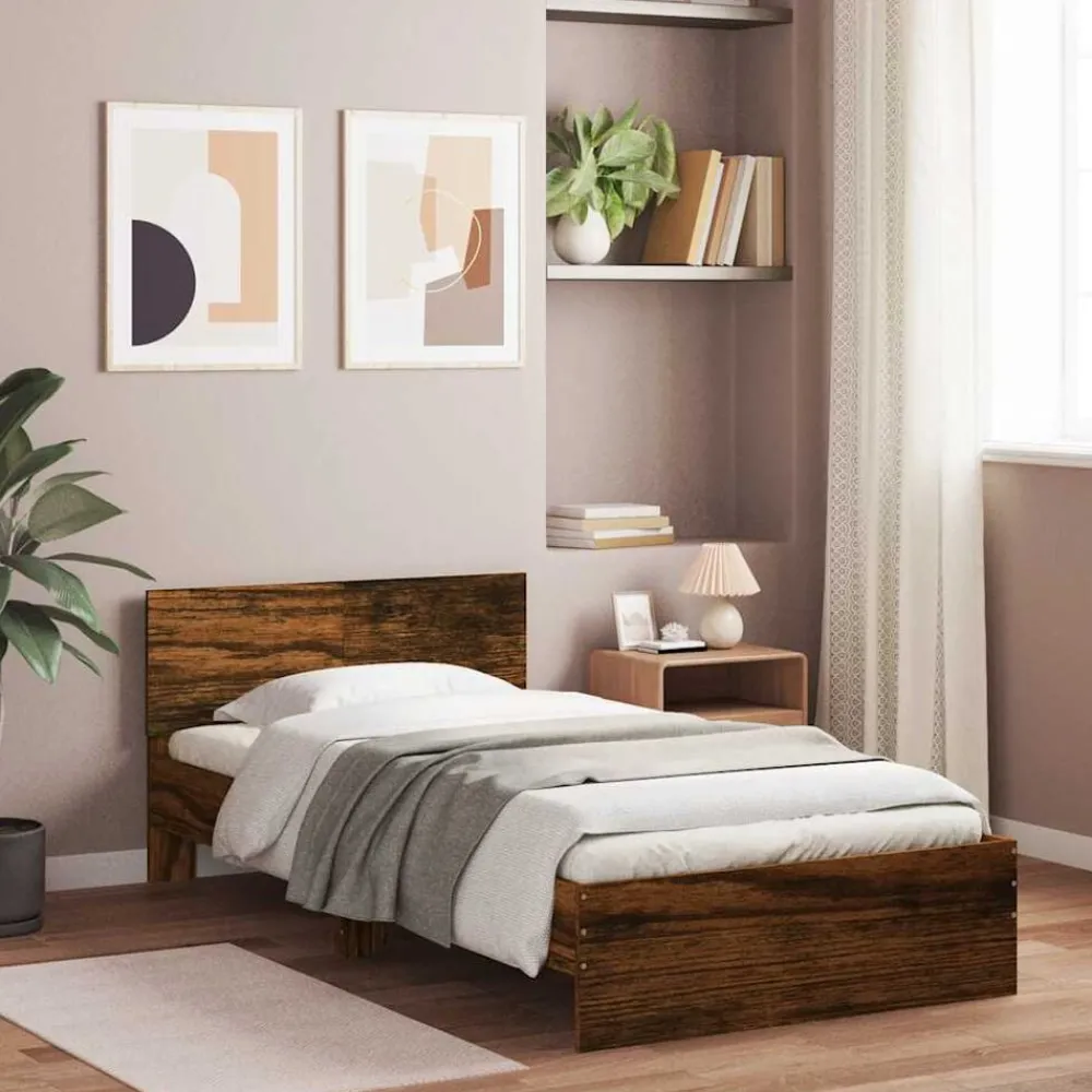 Lits & Accessoires-vidaXL Cadre de lit sans matelas avec tête de lit chêne fumé 100x200cm Chêne fumé