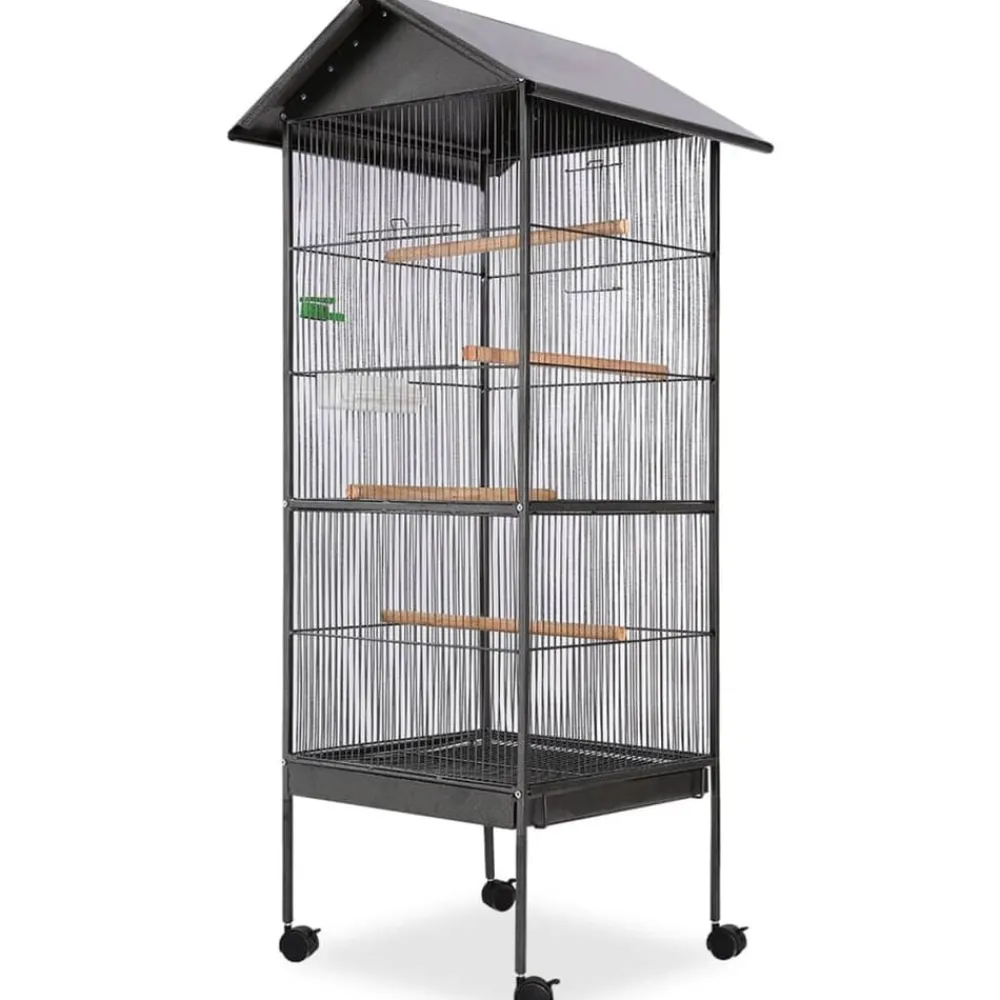 Articles Pour Animaux De Compagnie-vidaXL Cage à oiseaux avec toit Acier Noir 66 x 66 x 155 cm
