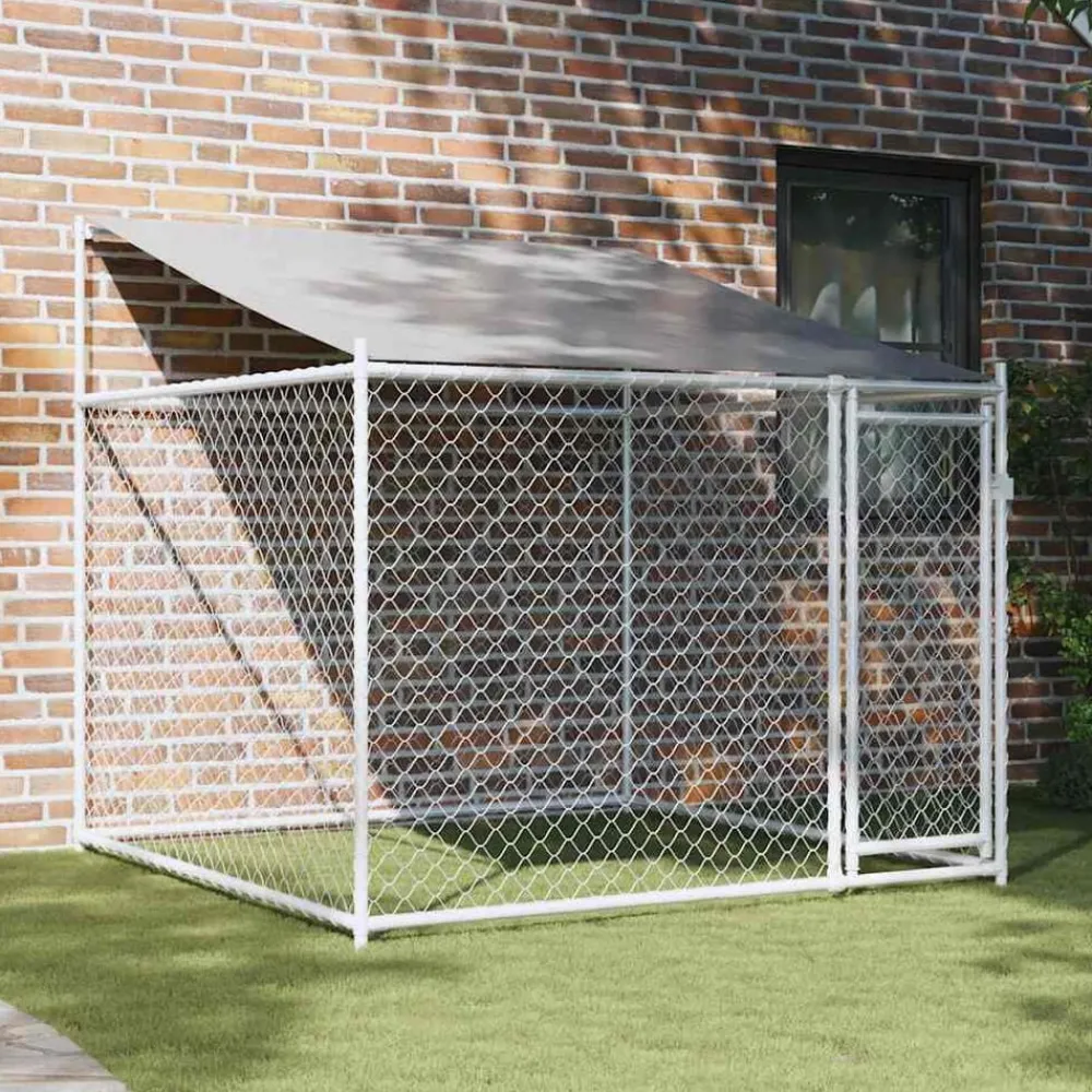 Articles Pour Animaux De Compagnie-vidaXL Cage pour chien avec toit et porte gris 2x2x2 m acier galvanisé