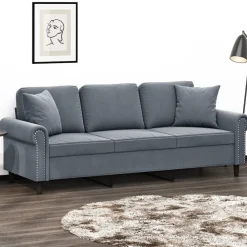 Canapés-vidaXL Canapé 3 places avec oreillers 180 cm velours Gris foncé