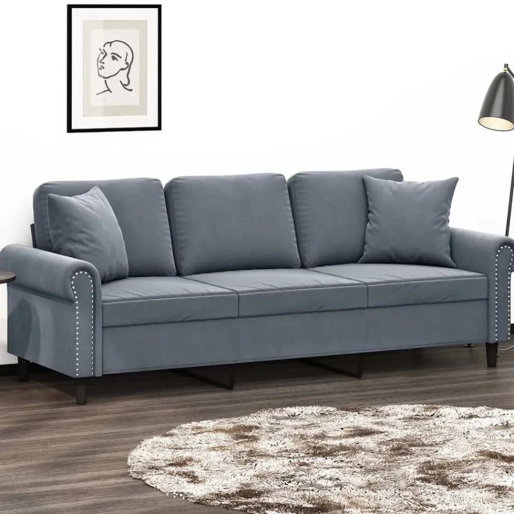 Canapés-vidaXL Canapé 3 places avec oreillers 180 cm velours Gris foncé