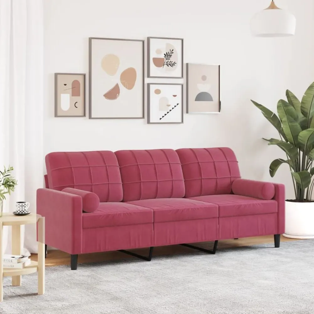 vidaXL Canapé 3 places avec oreillers bordeaux 180 cm velours